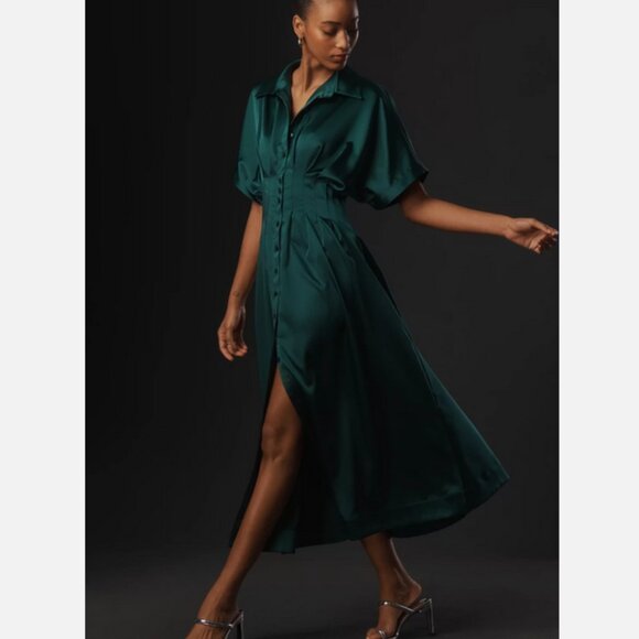 Anthropologie The Tobie Satin Shirt Dress by Exquise Rainforest Green Size M NWT - Picture 5 of 6
